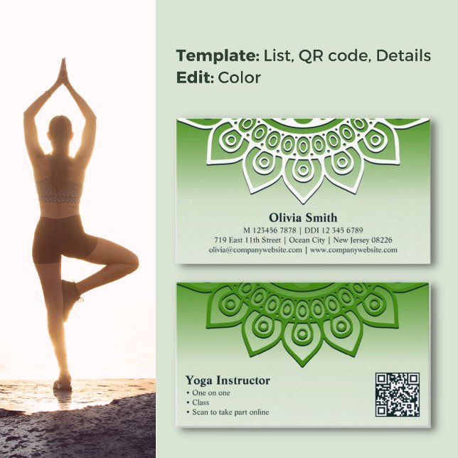 Harmony in Green Mandala Design Yoga Business Card (Harmony in Green Mandala Design Yoga Business Card, Service List, QR code)