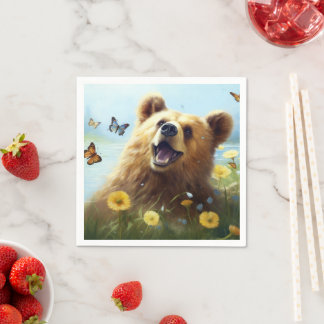 Harmony in Nature: Bear and Butterflies Napkin