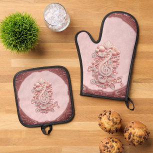 Harmony in pink, a majestic, stylised treble clef. oven mitt & pot holder set