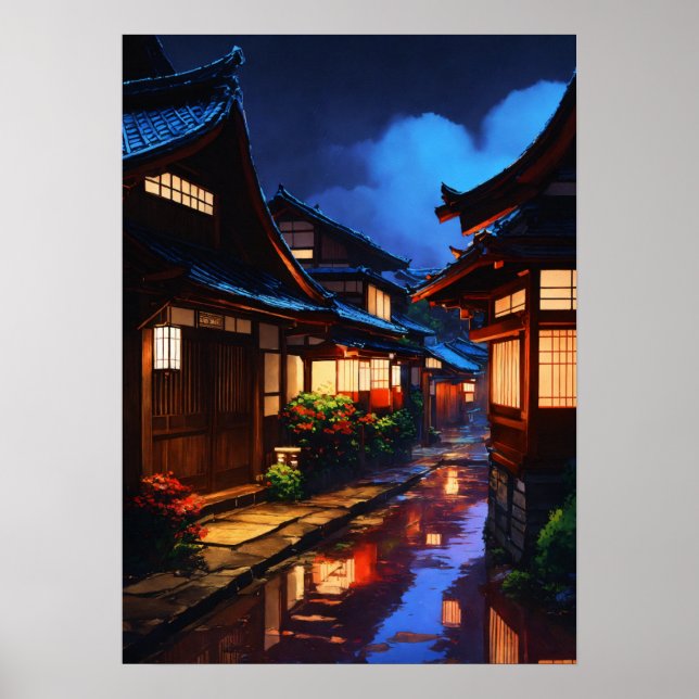 "Harmony in Rain: A Japanese Village's Midnight  Poster (Front)