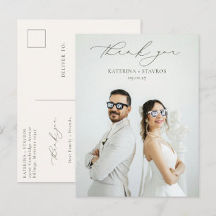 HARMONY Olive Green Script Wedding Photo Thank You Postcard