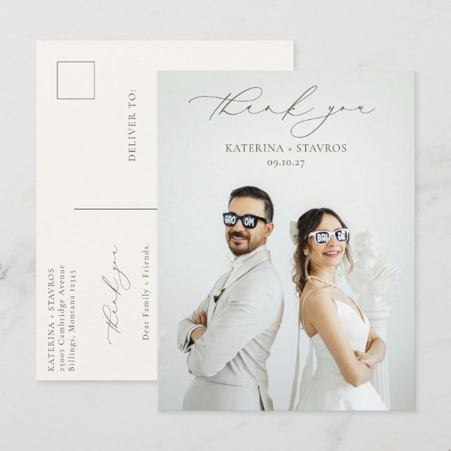 HARMONY Olive Green Script Wedding Photo Thank You Postcard (Front/Back)