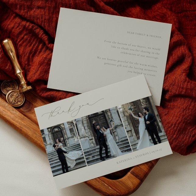 HARMONY Sage Green Minimalist 3 Photo Wedding Thank You Card (Creator Uploaded)