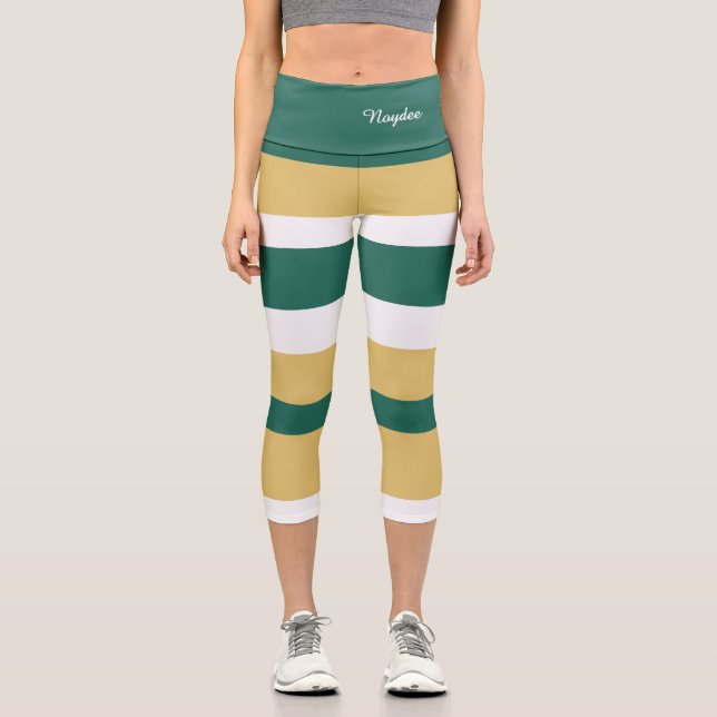 Harmony Stripes Lines Green Gold White Capri Leggings (Front)