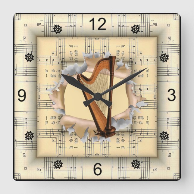 Harp ~ Breaking Through ~ Strange Sheet Music ~  Square Wall Clock (Front)
