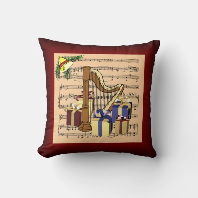 Harp & Christmas Gifts ~ Sheet Music Background Cushion (Front)