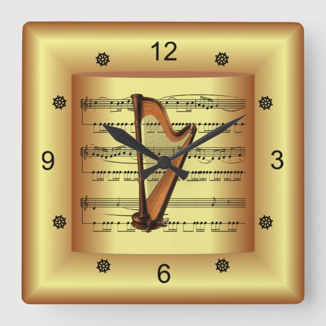 ~ Harp ~ Curved Sheet Music ~ Gold Background ~ Square Wall Clock (Front)