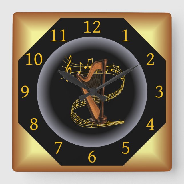 Harp ~ G clef ~ Musical Swirl ~ Spotlight ~* ~  Square Wall Clock (Front)