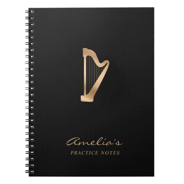Harp Gold Black Elegant Script Music Teacher Notebook (Front)