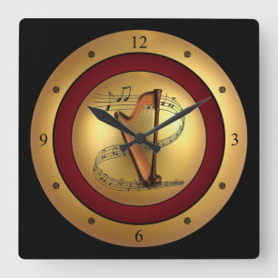 Harp~Musical Scroll~Gold/Maroon/Black Background~ Square Wall Clock