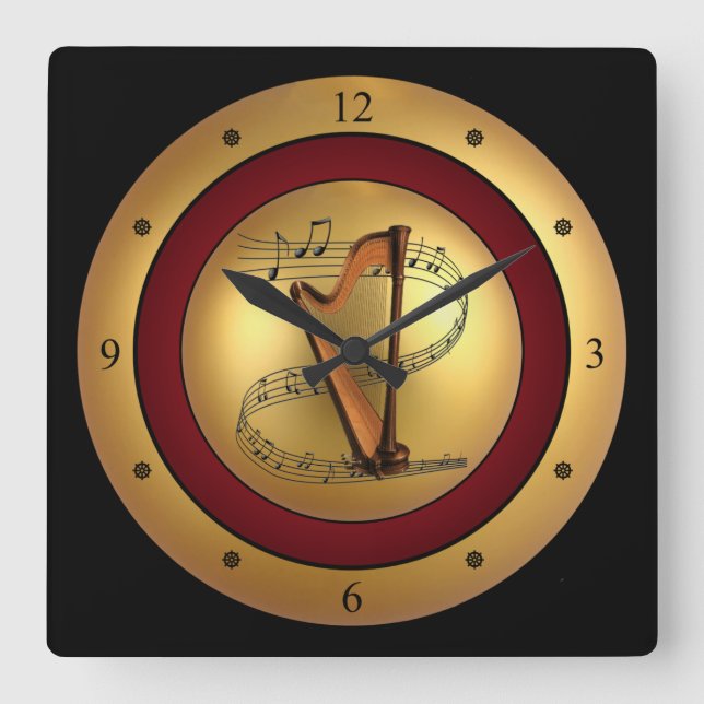 Harp~Musical Scroll~Gold/Maroon/Black Background~ Square Wall Clock (Front)