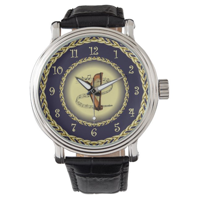 Harp ~ Musical Scroll ~ Gold/Navy Blue ~ Watch (Front)