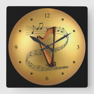 Harp ~ Musical Scroll ~ Golden Globe Background ~ Square Wall Clock