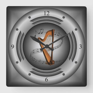 Harp ~ Musical Scroll ~ Silver Speaker ~ Square Wall Clock