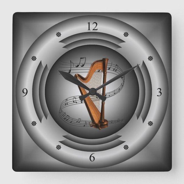 Harp ~ Musical Scroll ~ Silver Speaker ~ Square Wall Clock (Front)
