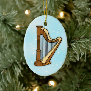Harp on Blue Ceramic Photo Christmas Ornament