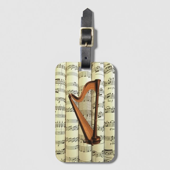 Harp On Rolled Sheet Music ~  Luggage Tag (Front Vertical)
