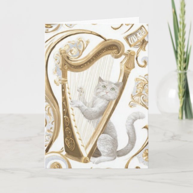 Harp-Playing Cat Greeting Card – Ornate Elegance (Front)