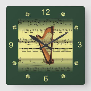 Harp~Rolled Sheet Music~Gold/Green Background~  ~  Square Wall Clock
