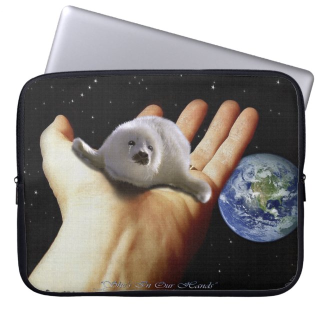 Harp Seal Pup, Hand and Planet Earth Laptop Sleeve (Front)