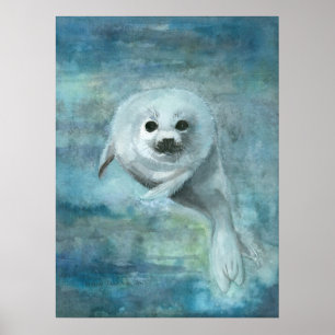 Harp Seal Watercolor Art Poster