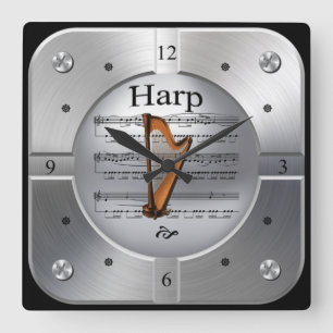 Harp ~ Sheet Music ~ Brushed Silver Color ~ Square Wall Clock