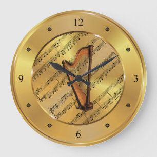 Harp ~ Sheet Music ~ Gold Background ~ Unique ~ Large Clock