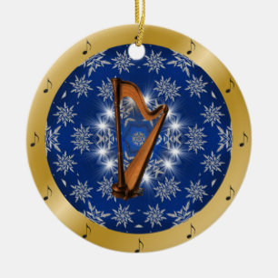 Harp ~ Silver ~ Blue ~ Gold ~ Christmas ~ Ceramic Tree Decoration