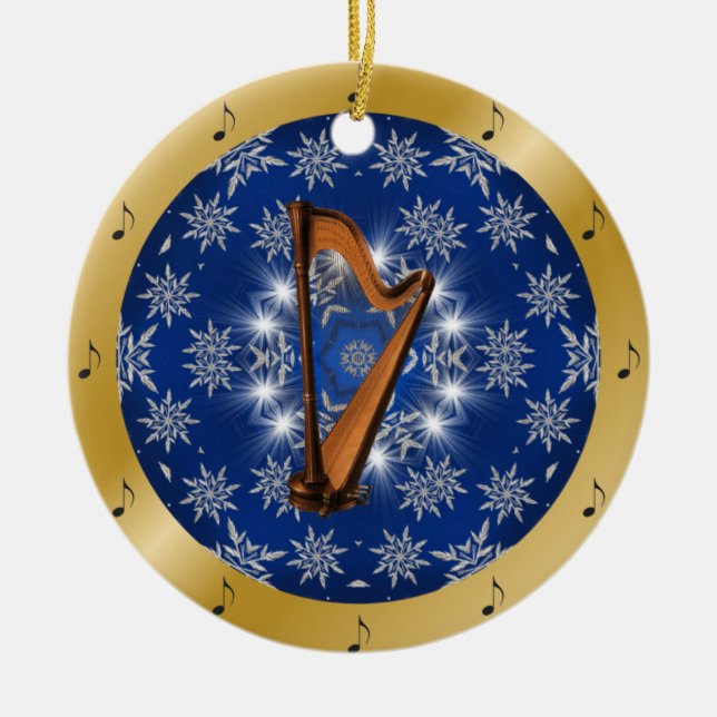 Harp ~ Silver ~ Blue ~ Gold ~ Christmas ~ Ceramic Tree Decoration (Front)