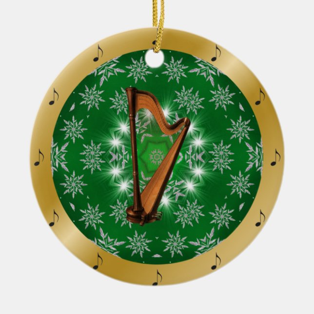 Harp ~ Silver ~ Green ~ Gold ~ Christmas ~ Ceramic Tree Decoration (Front)