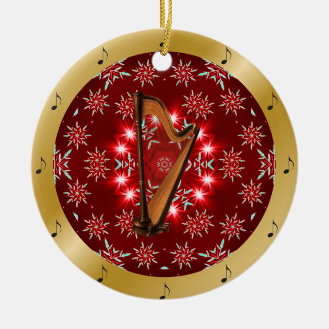 Harp ~ Silver ~ Red~ Gold ~ Christmas ~ Ceramic Tree Decoration (Front)