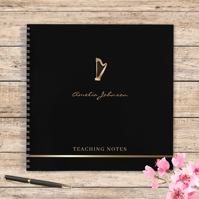 Harp Teacher Stylish Script Music Gold Black Notebook (Creator Uploaded)