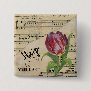 Harp Tulip Vintage Sheet Music Customised 15 Cm Square Badge