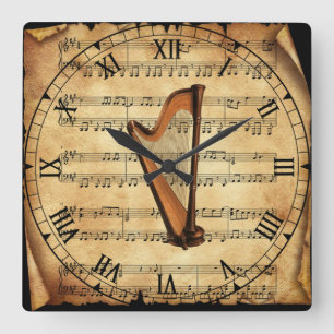 Harp ~ Vintage Sheet Music Background ~ Unique ~ Square Wall Clock