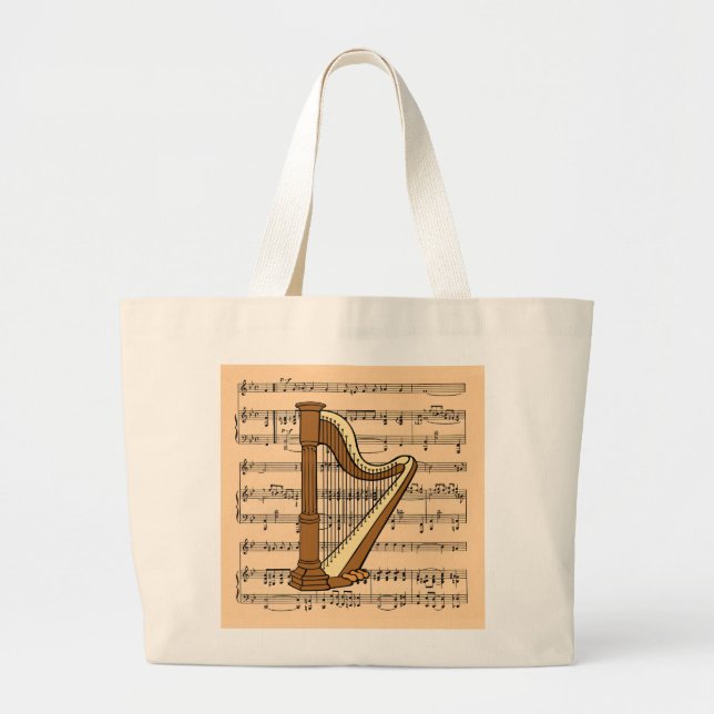 Harp With Sheet Music Background Large Tote Bag (Front)