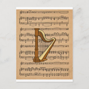 Harp With Sheet Music Background Postcard