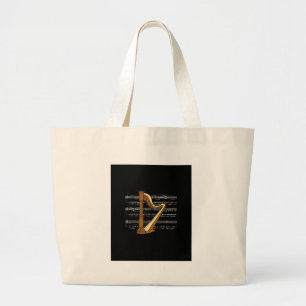Harp With White Music Sheet Notes ~ Black B'groung Large Tote Bag