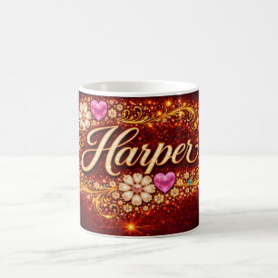 Harper Custom Pink Heart Gold Floral Romantic Gift Coffee Mug