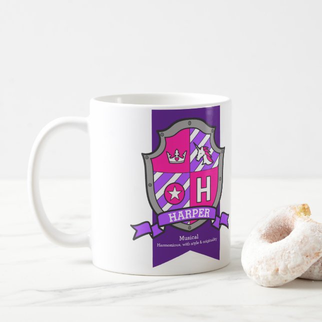 Harper letter H crest pink unicorn name meaning Coffee Mug (With Donut)
