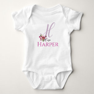 Harper Name Reveal Floral Letter H Girl Whimsical Baby Bodysuit