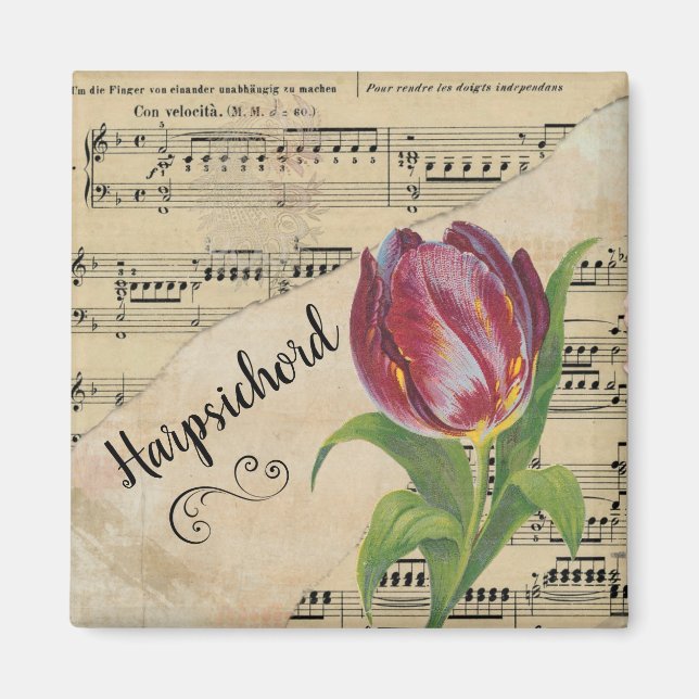 Harpsichord Elegant Tulip Vintage Sheet Music Magnet (Front)