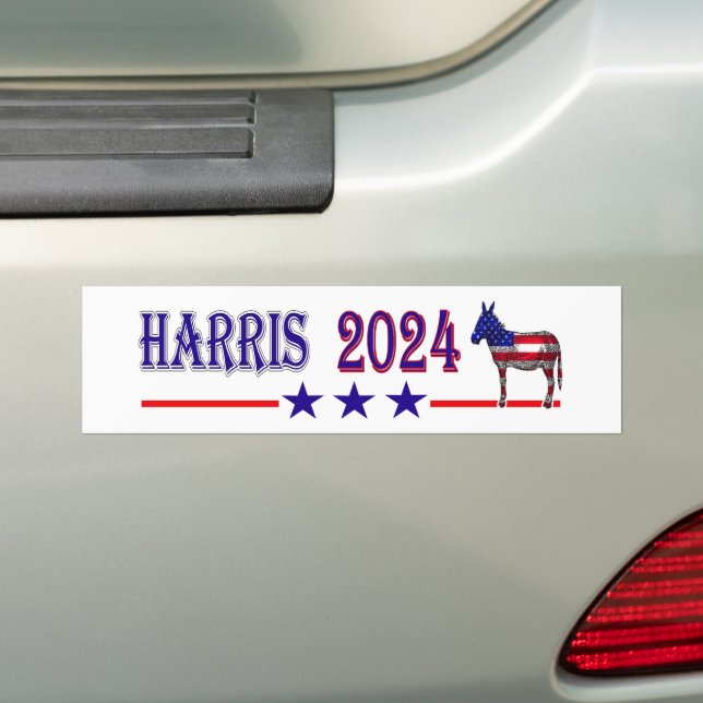 Harris 2024 For President Democrat Donkey USA Flag Bumper Sticker (On Car)