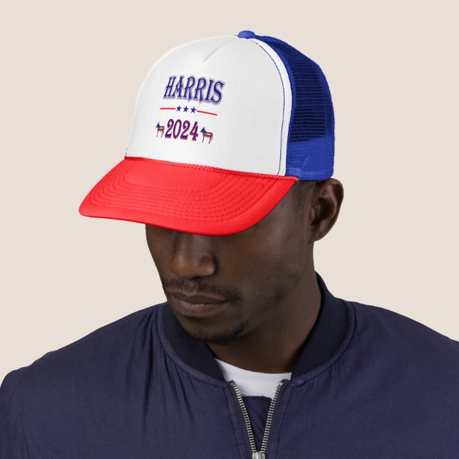 Harris 2024 Pres Democrat Donkeys USA Flag Trucker Hat (In Situ)
