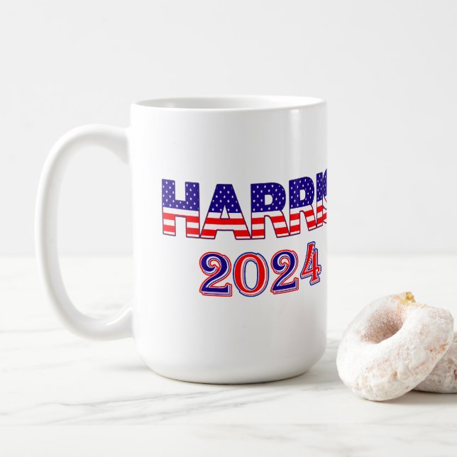 Harris 2024 President Democrat USA Flag Text Coffee Mug (With Donut)