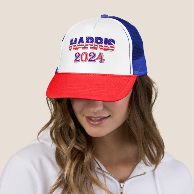 Harris 2024 President Democrat USA Flag Text Trucker Hat (In Situ)