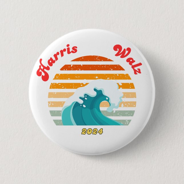 Harris Walz 2024 Election Retro Blue Wave 6 Cm Round Badge (Front)