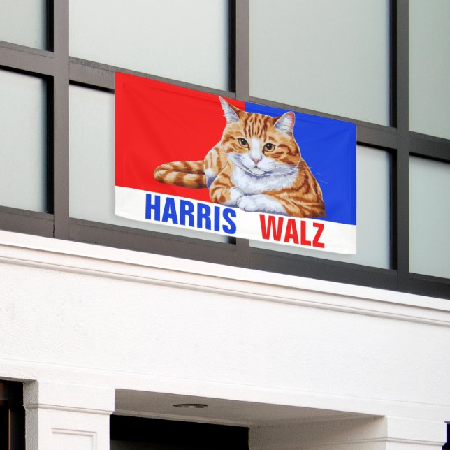 Harris Walz 2024 Obviously Cat Red Blue Banner (Outside Building)