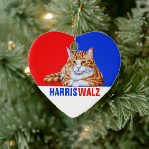 Harris Walz 2024 Obviously Cat Red Blue Ceramic Tree Decoration