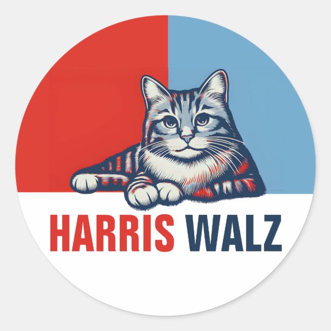 Harris Walz 2024 Obviously Red Blue Cat Classic Round Sticker (Front)