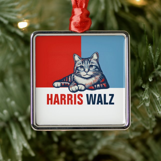 Harris Walz 2024 Obviously Red Blue Cat Metal Tree Decoration (Tree)
